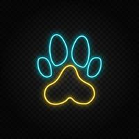 Dog paw print. Blue and yellow neon vector icon. Transparent background.