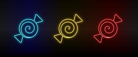Neon icon set candy. Set of red, blue, yellow neon vector icon on dark background