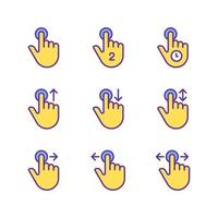 Touchscreen control pixel perfect yellow RGB color icons set. Navigation gestures. Smartphone and tablet. Isolated vector illustrations. Simple filled line drawings collection. Editable stroke