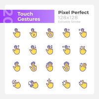 Touch gestures pixel perfect yellow RGB color icons set. Touchscreen control. Isolated vector illustrations. Simple filled line drawings collection. Editable stroke