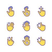 Multitouch gestures pixel perfect yellow RGB color icons set. Touchscreen control. Tablet and phone navigation. Isolated vector illustrations. Simple filled line drawings collection. Editable stroke