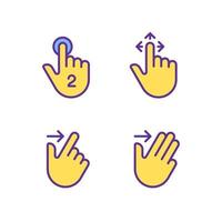 Drag and swipe gestures pixel perfect yellow RGB color icons set. Touchscreen interaction. Digital device. Isolated vector illustrations. Simple filled line drawings collection. Editable stroke