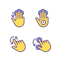 Multi touch control pixel perfect yellow RGB color icons set. Three finger tap and hold. Rotation function. Isolated vector illustrations. Simple filled line drawings collection. Editable stroke