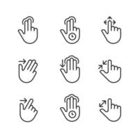 Multitouch gestures pixel perfect linear icons set. Touchscreen control. Tablet and phone navigation. Customizable thin line symbols. Isolated vector outline illustrations. Editable stroke