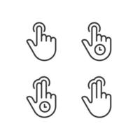 Long tap pixel perfect linear icons set. Double finger touch. Multi touch technology. Touchscreen control. Customizable thin line symbols. Isolated vector outline illustrations. Editable stroke