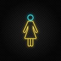Woman. Blue and yellow neon vector icon. Transparent background.