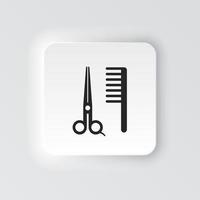 rectángulo botón icono tijeras peine Barbero. botón bandera rectángulo Insignia interfaz para solicitud ilustración en neomórfico estilo en blanco antecedentes vector