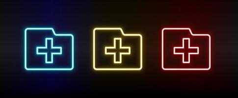 create, folder neon icon set. Set of red, blue, yellow neon vector icon on dark transparent background