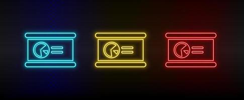 Neon icon set presentation. Set of red, blue, yellow neon vector icon on dark transparent background
