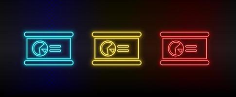 Neon icon set presentation. Set of red, blue, yellow neon vector icon on dark transparent background