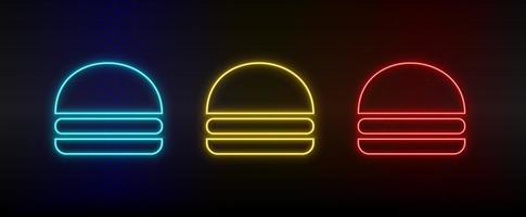 Neon icon set burger, hamburger. Set of red, blue, yellow neon vector icon on dark background