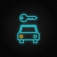 Car, key. Blue and yellow neon vector icon. Transparent background.