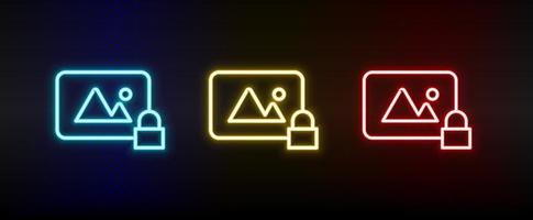 private, lock, photo neon icon set. Set of red, blue, yellow neon vector icon on dark transparent background