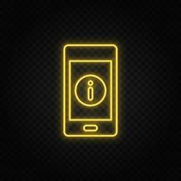 amarillo neón icono móvil, información. transparente antecedentes. amarillo neón vector icono en oscuro antecedentes