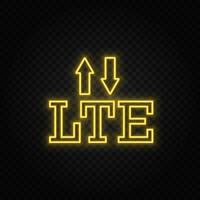 Yellow neon icon lte, signal, arrows. Transparent background. Yellow neon vector icon on dark background