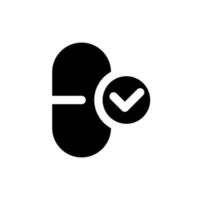 Take medication black glyph ui icon. Capsule and checkmark. Correct therapy. User interface design. Silhouette symbol on white space. Solid pictogram for web, mobile. Isolated vector illustration