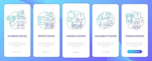 User experience evaluation blue gradient onboarding mobile app screen. Testing walkthrough 5 steps graphic instructions with linear concepts. UI, UX, GUI template vector