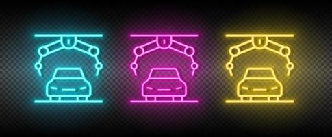 assembly robot, automobile robot neon icon set. Technology vector illustration neon blue, yellow, red icon set