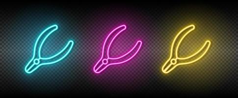 pliers, tool vector icon yellow, pink, blue neon set. Tools vector icon on dark transparency background