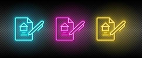 Real estate vector contract, property, rent. Illustration neon blue, yellow, red icon set