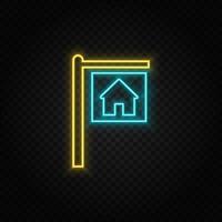 House for rent. Blue and yellow neon vector icon. Transparent background.