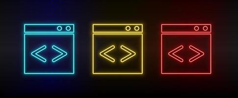 Neon icon set arrows, internet. Set of red, blue, yellow neon vector icon on dark transparent background
