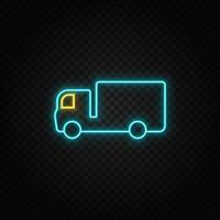 Delivery truck. Blue and yellow neon vector icon. Transparent background.
