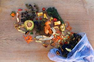 Doméstico residuos para compost desde frutas y vegetales en el basura bolso en el mesa. foto