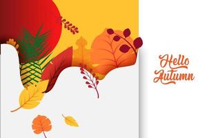 Hello Autumn text poster of September leaf fall or autumnal foliage of maple, oak acorn and elm for shopping sale design or promo poster and leaflet or web banner. vector