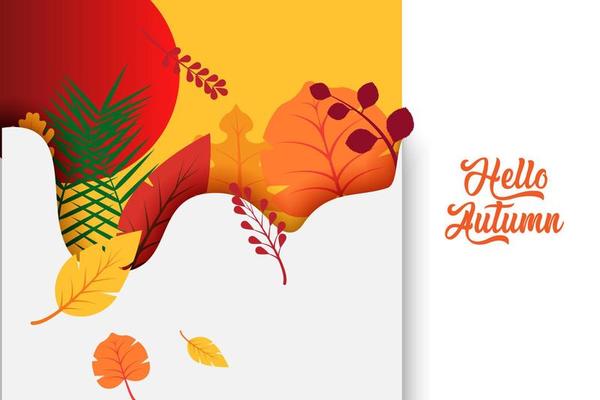 Hello Autumn text poster of September leaf fall or autumnal foliage of maple, oak acorn and elm for shopping sale design or promo poster and leaflet or web banner.