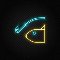 Fishing. Blue and yellow neon vector icon. Transparent background.