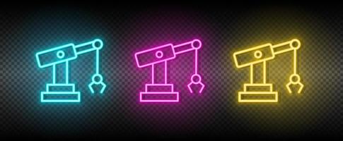 hydraulic arm, industrial arm neon icon set. Technology vector illustration neon blue, yellow, red icon set