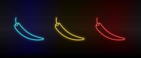 Neon icon set chilli. Set of red, blue, yellow neon vector icon on dark background