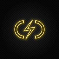Yellow neon icon charge, flash. Transparent background. Yellow neon vector icon on dark background