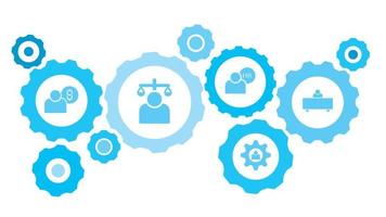 Connected gears and vector icons for logistic, service, shipping, distribution, transport, market, communicate concepts. workplace, user gear blue icon set on white background