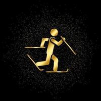 Skier skiing gold, icon. Vector illustration of golden particle on gold vector background