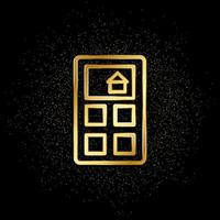 Calculate, house, price gold icon. Vector illustration of golden particle background. Real estate concept vector illustration .