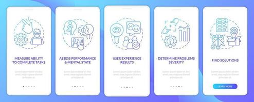 Usability test objectives blue gradient onboarding mobile app screen. Assess walkthrough 5 steps graphic instructions with linear concepts. UI, UX, GUI template vector