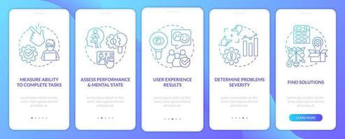 Usability test objectives blue gradient onboarding mobile app screen. Assess walkthrough 5 steps graphic instructions with linear concepts. UI, UX, GUI template vector