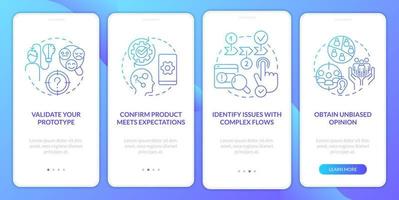 Usability testing profits blue gradient onboarding mobile app screen. Research walkthrough 4 steps graphic instructions with linear concepts. UI, UX, GUI template vector