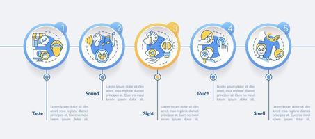 Senses of sensory branding circle infographic template. Sound and sight. Data visualization with 5 steps. Editable timeline info chart. Workflow layout with line icons vector