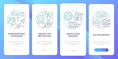 Steps to test website usability blue gradient onboarding mobile app screen. Walkthrough 4 steps graphic instructions with linear concepts. UI, UX, GUI template vector