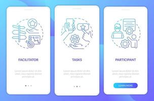 Usability test components blue gradient onboarding mobile app screen. Session walkthrough 3 steps graphic instructions with linear concepts. UI, UX, GUI template vector