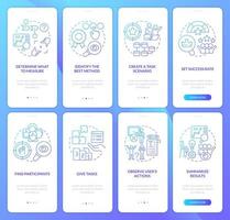 Usability testing goals blue gradient onboarding mobile app screen set. Walkthrough 4 steps graphic instructions with linear concepts. UI, UX, GUI template vector