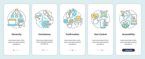 Basics of user experience design onboarding mobile app screen. Walkthrough 5 steps editable graphic instructions with linear concepts. UI, UX, GUI template vector