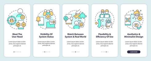 User experience key design principles onboarding mobile app screen. Walkthrough 5 steps editable graphic instructions with linear concepts. UI, UX, GUI template vector