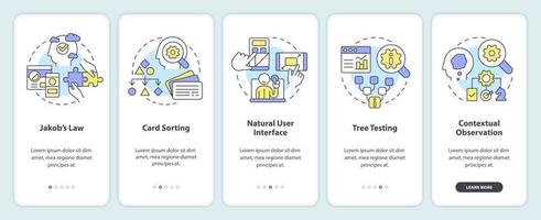 Mental models in user experience design onboarding mobile app screen. Walkthrough 5 steps editable graphic instructions with linear concepts. UI, UX, GUI template vector