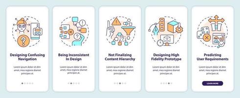 User experience design top mistakes onboarding mobile app screen. Walkthrough 5 steps editable graphic instructions with linear concepts. UI, UX, GUI template vector