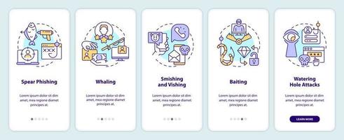 Types of social engineering attacks onboarding mobile app screen. Walkthrough 5 steps editable graphic instructions with linear concepts. UI, UX, GUI template vector