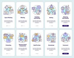 Types of cybercrime attacks onboarding mobile app screen set. Threats walkthrough 5 steps editable graphic instructions with linear concepts. UI, UX, GUI template vector
